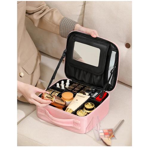 Makeup Bag with Mirror Large Capacity Portable Travel Cosmetic Organizer Handheld Toiletry Case for Women Cosmetic Pouch