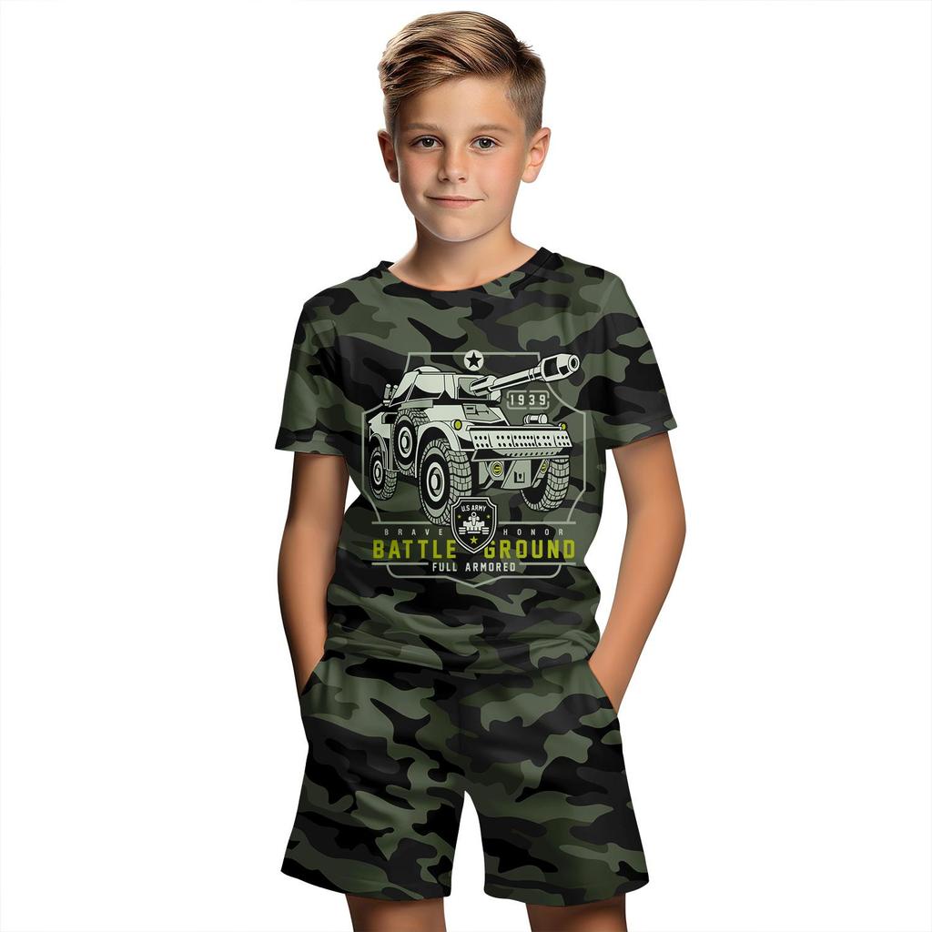 Roupas infantis, terno para meninos, estampa camuflada 3D, verão, manga curta, camiseta, conjunto, shorts, roupas para meninos e meninas, conjuntos infantis