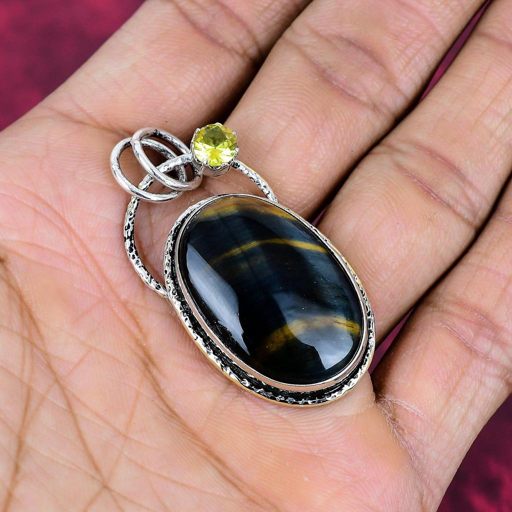 Blue Tiger Eye &  Citrine Pendant, 925 Sterling Silver Pendant Jewelry. Gift For Women Handmade Pendant Gemstone Jewelry