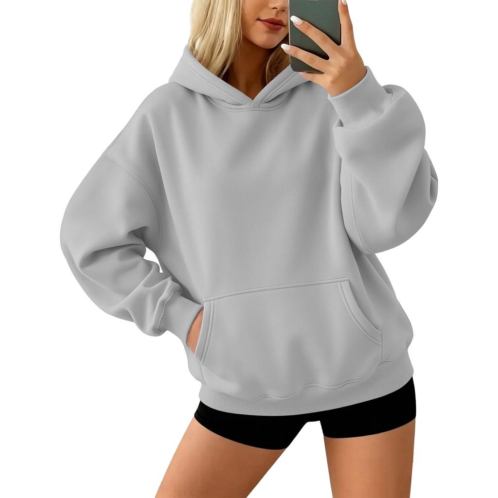 Women's Color Long Sleeve Pullover Hoodie with Front Pocket Loose Fit