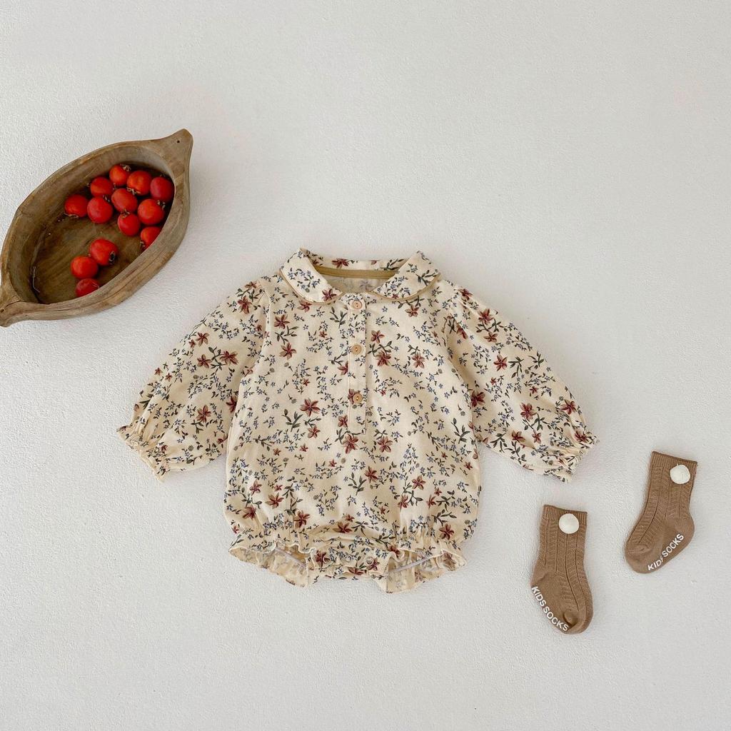 Autumn 2024 Baby Girl Cotton Romper: Printed, Lapel, Puff Sleeves, Long Sleeve, Loose Fit, Triangle Design for Crawling.