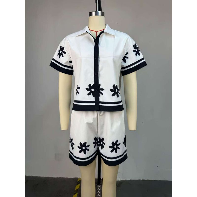 

Fashion New Arrival Fashion Printed Short-Sleeved Top Shorts Suit Printed Shirt and Shorts Set Black and White XL