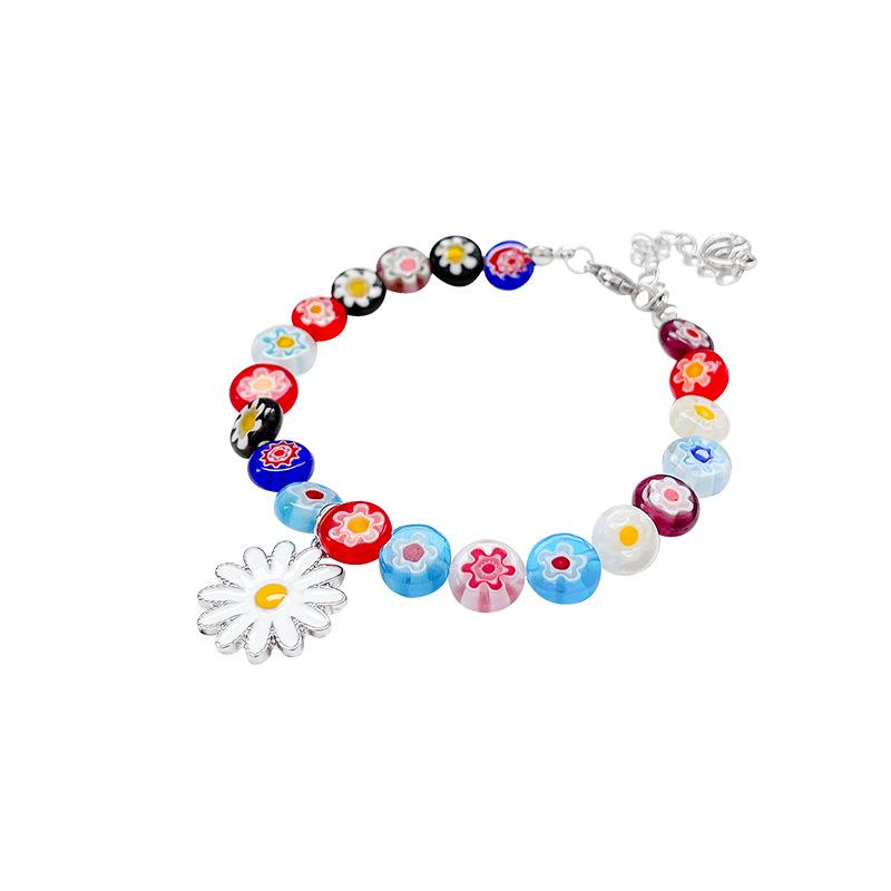Pulseira de contas de girassol para mulheres - Design de flores de vidro coloridas, frescas e doces, joia de mão inspirada em celebridades.