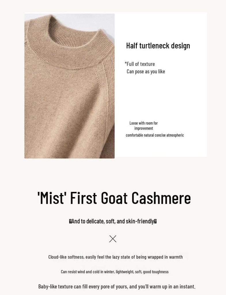 Pullover Sweater: Double-Layer Cashmere, Half-High Collar, Simple Knit Design