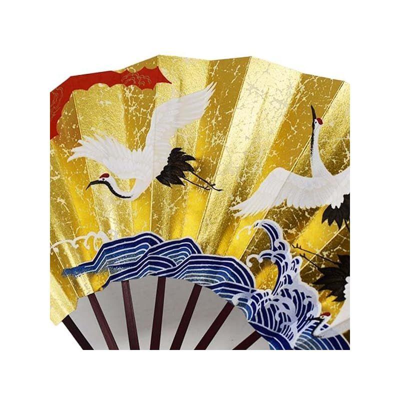 Used [New] Decorative fan, gold leaf, marron bone, crane, 22cm, 9 bones, decorative stand, presentation box included 1