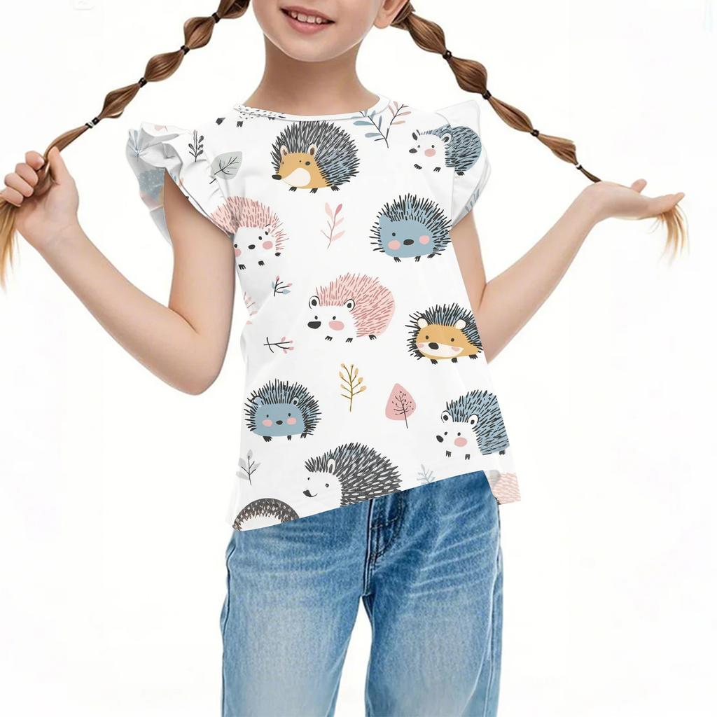 Children's Casual Short-Sleeved Pleated Cute Printed Round-Neck Solid-Color Top