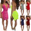 Club Lady Solid Color Halter Deep V Backless Split Bodycon Sleeveless Mini Dress