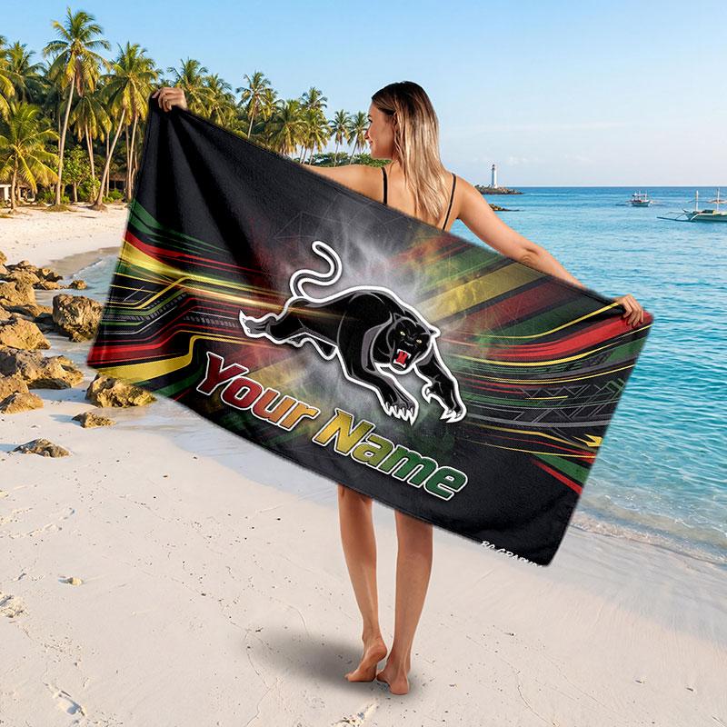 Penrith Panthers Customized Name Text Beach Towel, Soft Absorbent Towel Beach Pool Travel Personal Gift