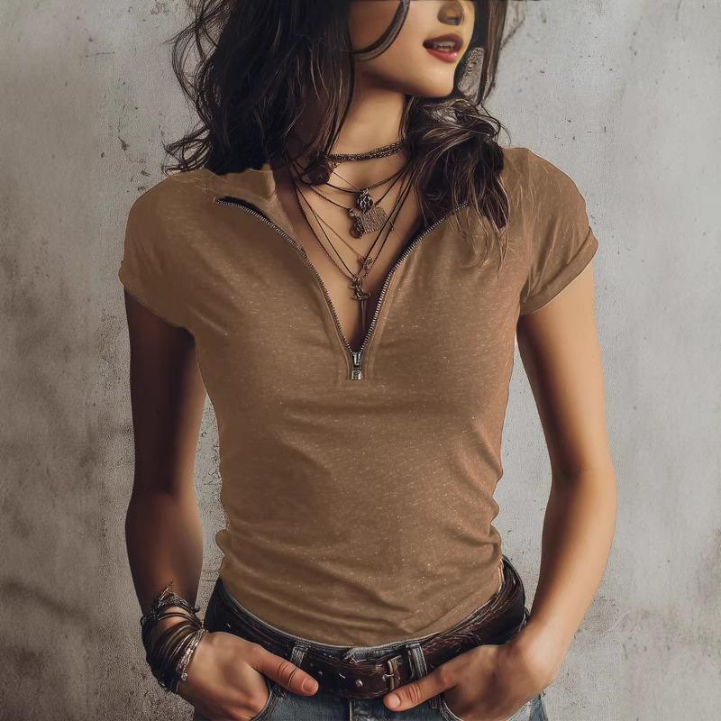 Γυναικείο Casual Στενό T-shirt με Κοντό Μανίκι και Μισό Φερμουάρ, Βίντατζ Μονόχρωμο Βασικό Τοπ
