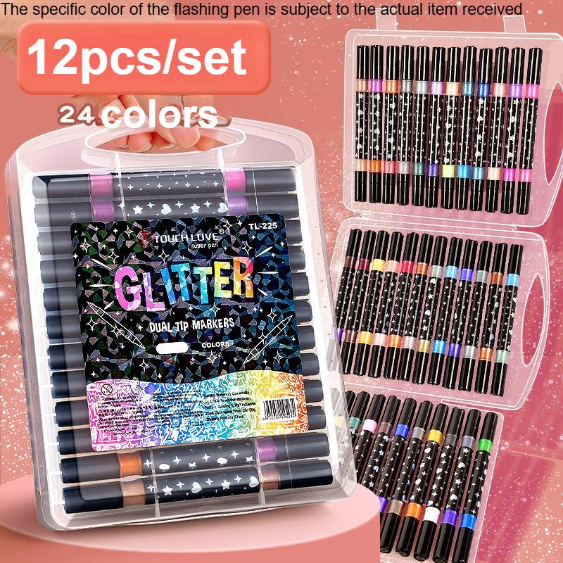 

12pcs/set Professional Dual-Tip Glitter Pen Set, Quick-Drying Glue-Like Ink - Fine Tip at The Bottom,for Scrapbooking,Painting