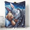 Cozy Flannel Blanket with Sleeping Bunny & Teddy Bear Starry Night Design - Soft Warm All-Season Throw for Sofa, Bed, Office, Camping - Contemporary H