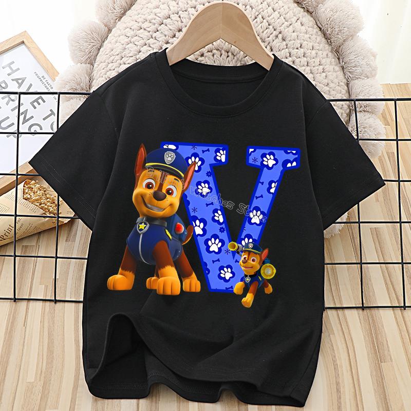 Paw Patrol Chase T-shirt for Children Cartoon Letter A-Z Tee Top Kawaii Round Collar Clothes Fashion Kids Black Clothing Gift