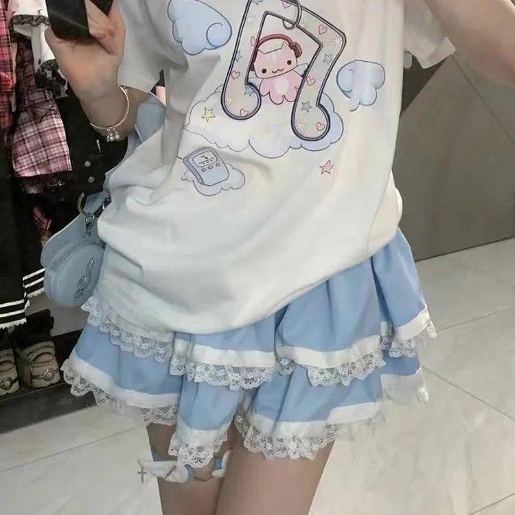 Sommer Kawaii Süße T-Shirts Damen Japanische Mode Harajuku Streetwear Cartoon-Druck Lockere T-Shirts Oberteile Weich Gril Y2k