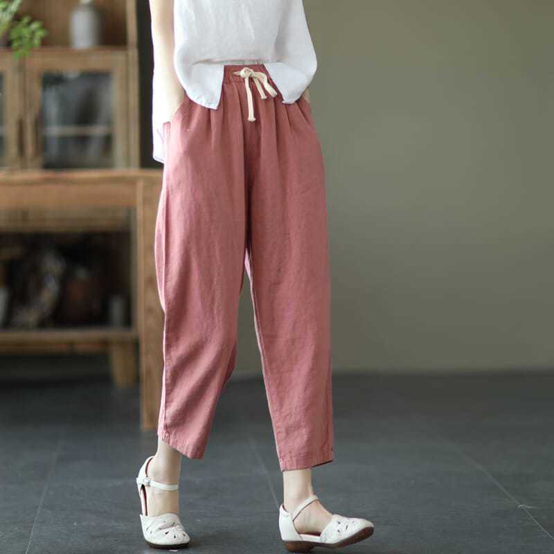 Women with Elastic Waist Solid Color Cotton Linen Pants Vintage Loose Streetwear Harem Trousers Female Casual High Waist Drawstring Pants Harem Pants