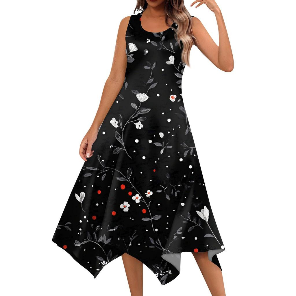 Women's Casual Fashion Round Neck Sleeveless Print Irregular Hem Midi Dress Hem Midi Dress