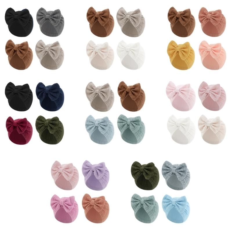 4Pcs Cotton Bonnet Hat Newborns Bowknot Turban Hat Soft Breathable Baby Fetal Hat Brimless Hospital Cap Windproof