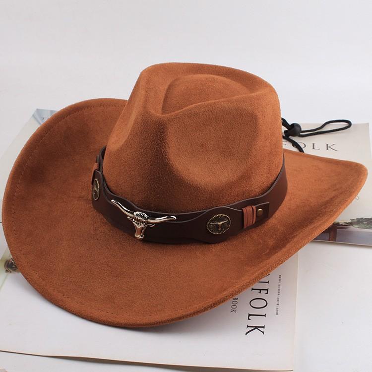 Western Cowboy Style Tibetan Bull Head Accessories Fashion Top Hat Autumn/Winter New Collection Deer Skin Velvet Large Edge Riding Hat