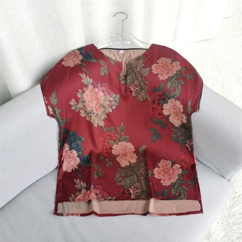 

Оригинальные товары Новое поступление Ханчжоуский шелк Футболка с коротким рукавом Женская Благородная леди Среднего возраста Мама Топ Рубашка Лето Red XL