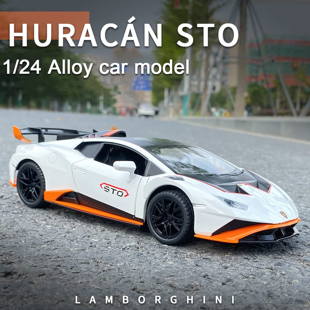 1:24 Scale Alloy Diecast Car Model for Lambo Huracan STO 2021, Pull Back Vehicles Model Cars Toy with Light & Sound for Kids Adult Collection
