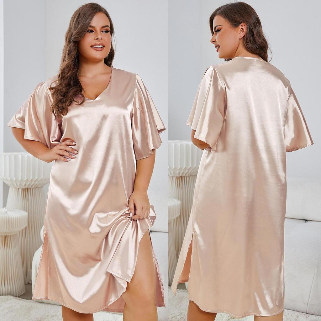 Women’s Nightgowns Simulation Silk Plus Size Sleepshirts Short Sleeves Satin Sleep Lounge Wear Large Pajamas Dresses 1XL-4XL Home Clothing KTB