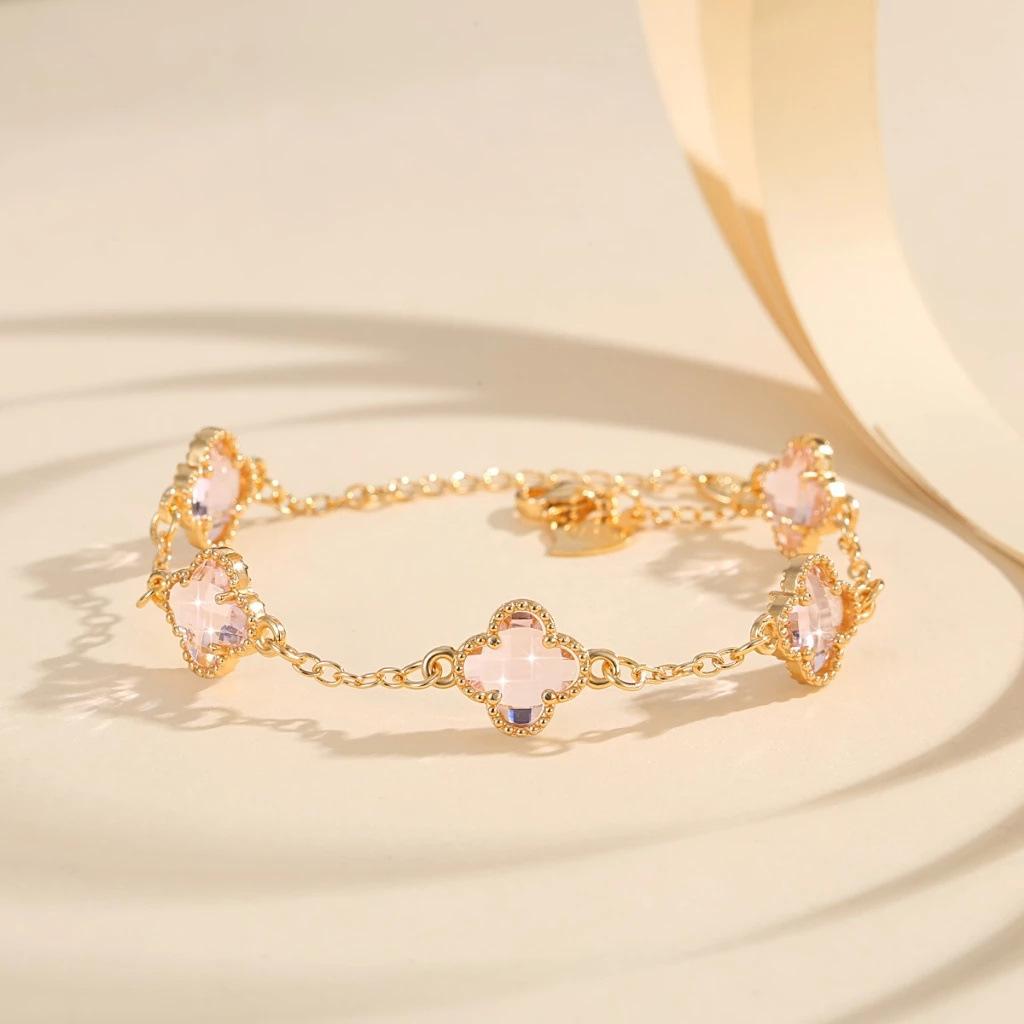 Ladies' Crystal Clover Bracelet with Five Leaf Flower Copper Gold Plated Bracelet