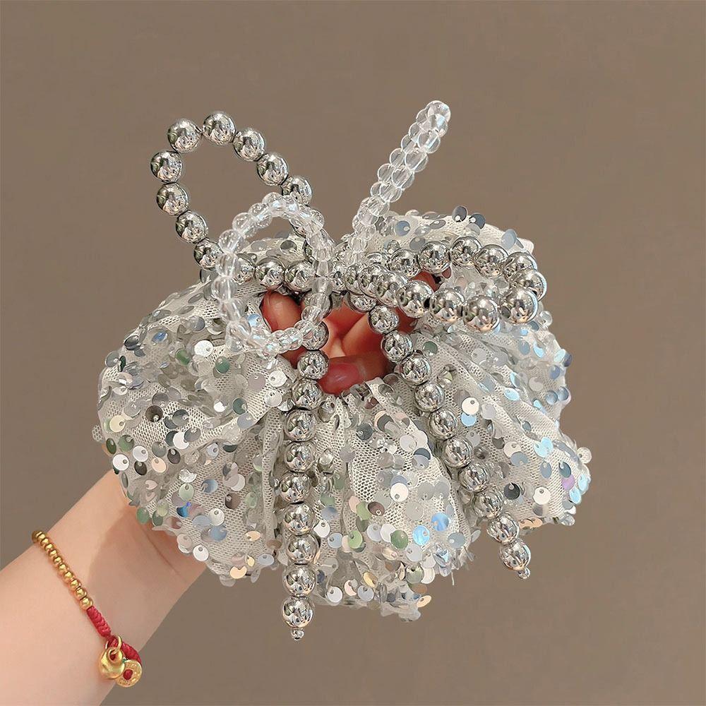 Silver Elastic Hair Tie Beaded Hair Bands 2025 New Bowknot Hair Scrunchie  for Women Girls