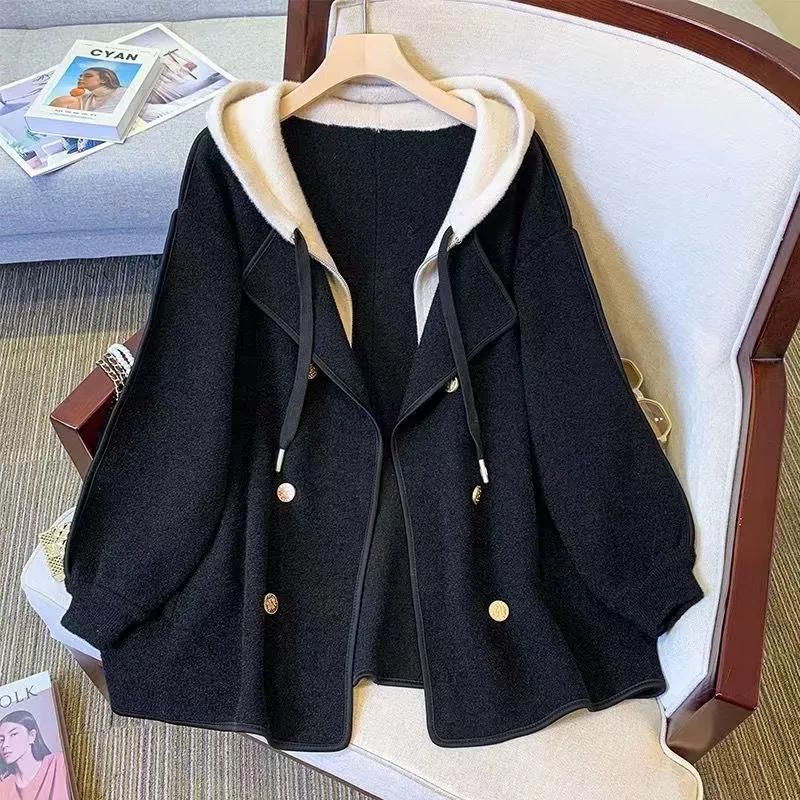 Women Fall Hooded Double-breasted Outwear Vintage Korean Oversized Jackets Tops
