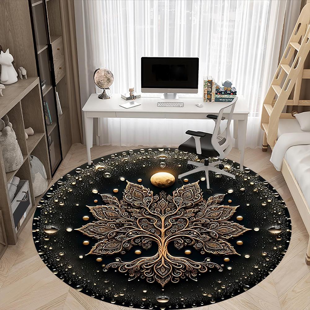 1pc Golden Mandala Life Tree Office Round Area Rug, Mat Suitable For Office, Under Office Chairs Bedroom Living Room Home Decor, Room Deco