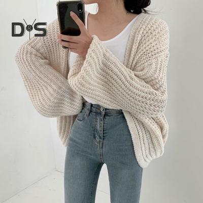 Cappotto Maglione da Donna Scollo a V Manica Lunga a Lanterna Maglia a Punto Aperto Tinta Unita Casual Maglieria Abbigliamento Quotidiano