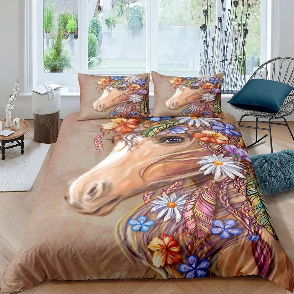 3D Horse Duvet Cover King Queen Size Yellow Sunflower Bedding Set Floral Animal Theme Quilt Cover Wildlife Soft Comforter Cover