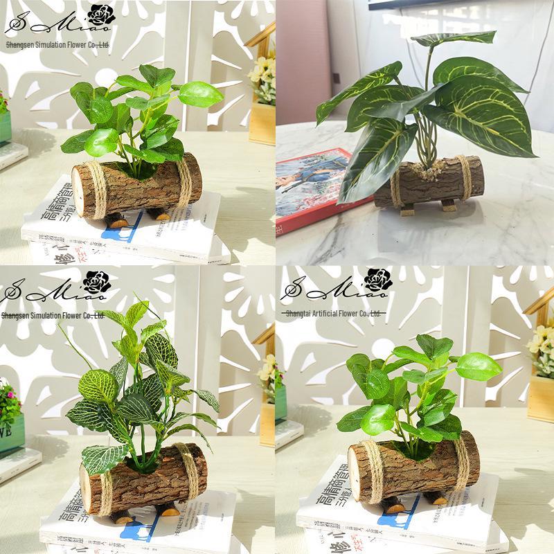 Creative Wooden Basin with Artificial Green Plant Bonsai Ornament for Display and Decoration.
