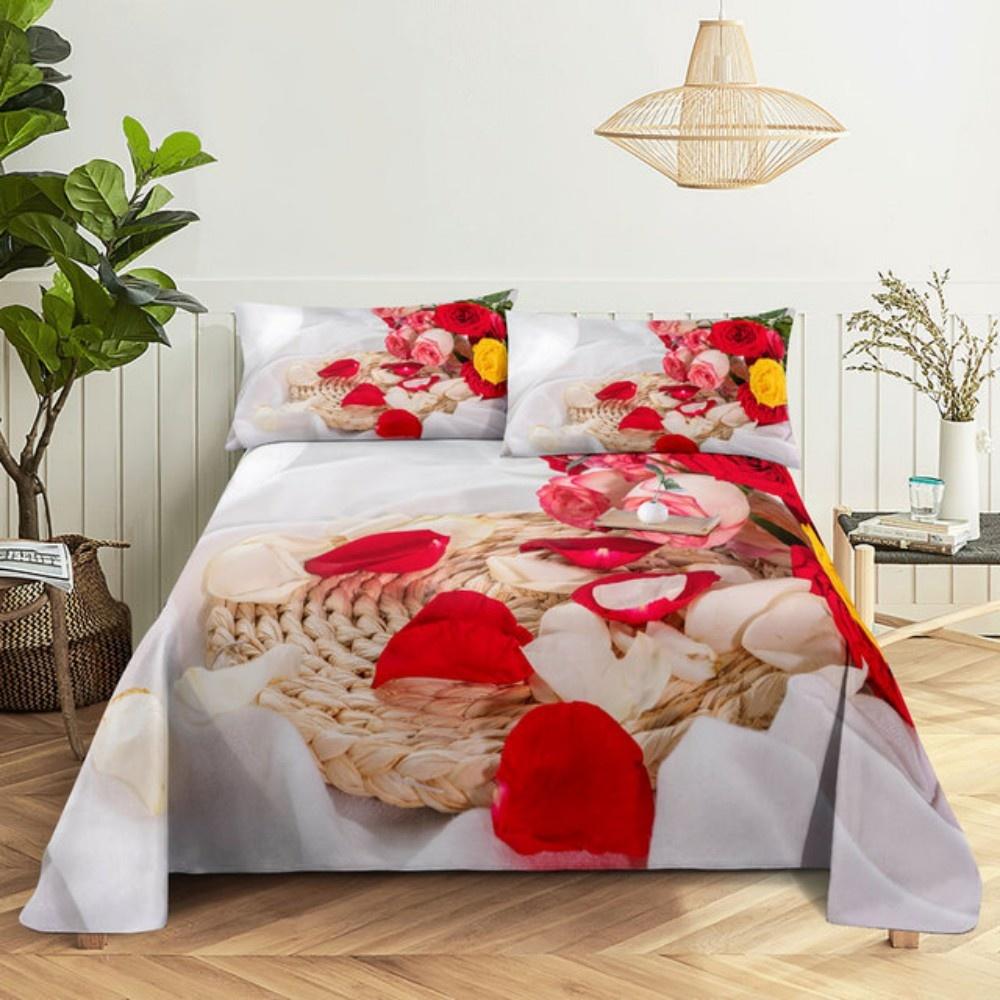Pink Rose Bed Sheet Sets 3D Print Flowers Bed Flat Sheet for Women Girls King Queen Full Twin Size 2/3pcs Bed Linen Room Decor