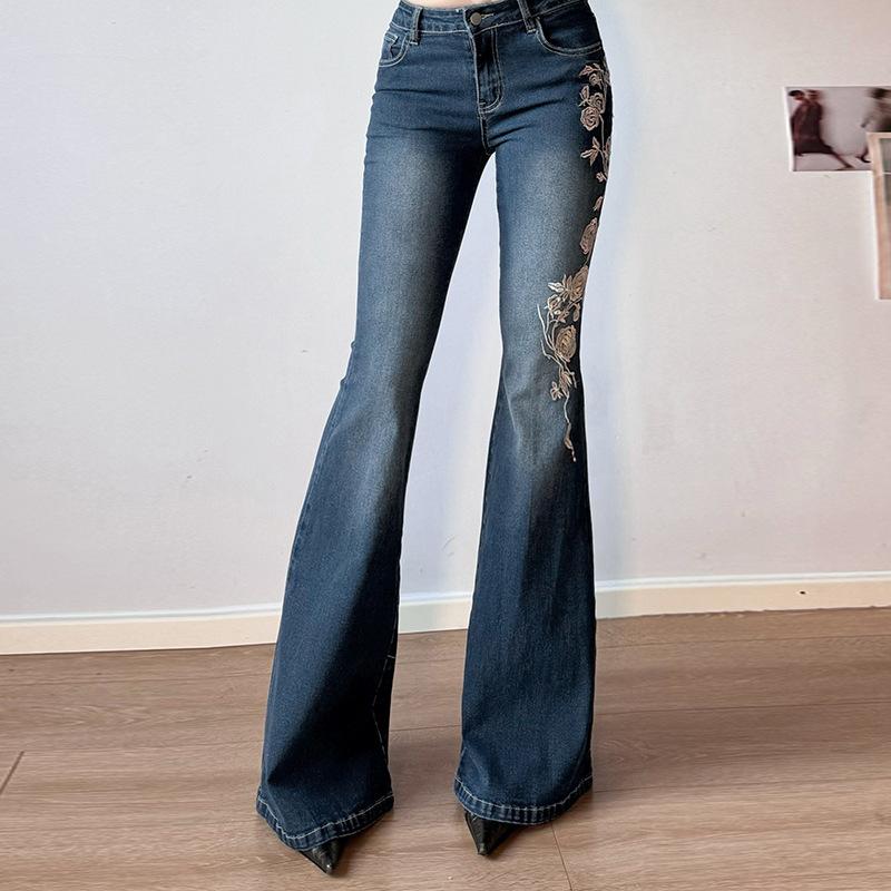 Plant Printed Embroidery Y2K Flare Jeans Women Vintage Skinny Boot Cut Trousers Fashion Street 2000s Denim Pants Fall