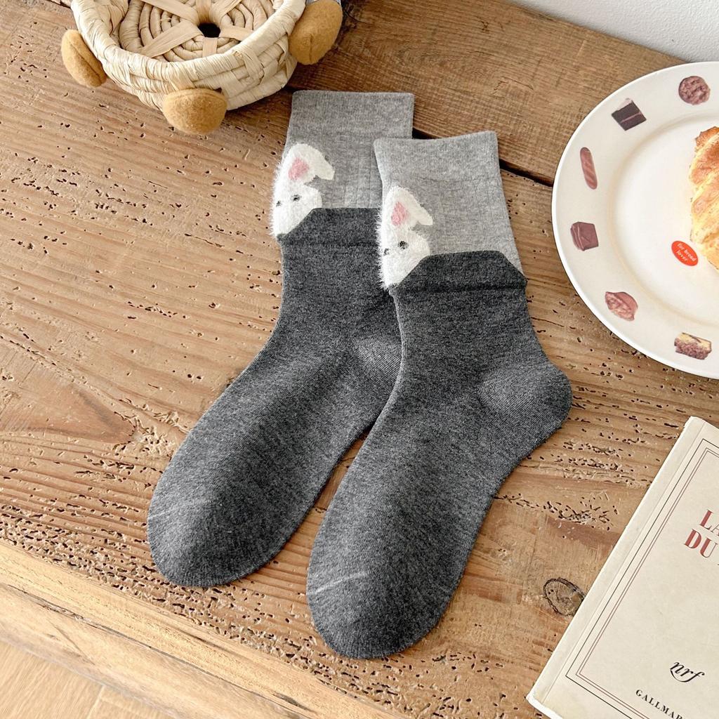 Ladies Autumn Winter Cotton Color Matching Cute Cartoon Tube Pile Socks