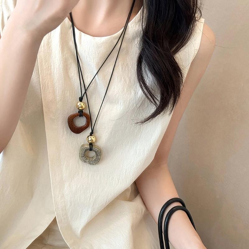 Handmade Wood Tribal Pendant Necklace Unique Resin Necklace Long Rope Necklace Suitable for Men and Women Present