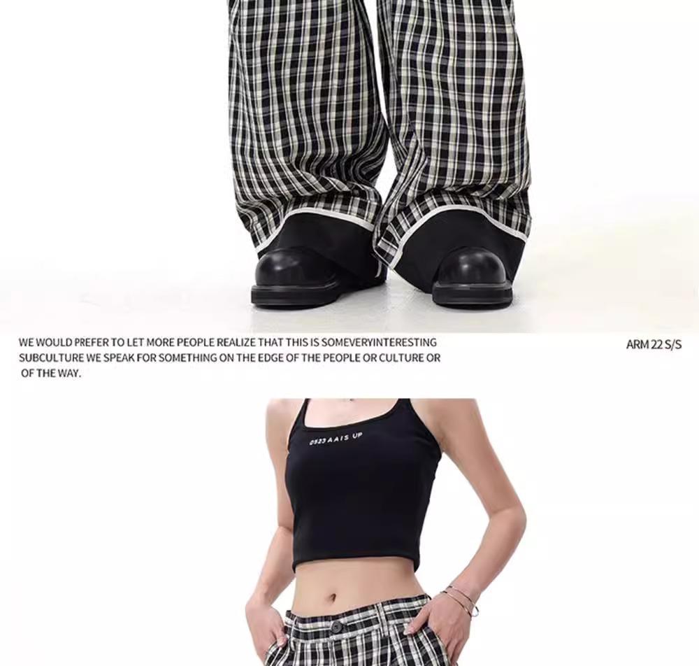Retro British Style Plaid Striped High-Waist Wide-Leg Trousers