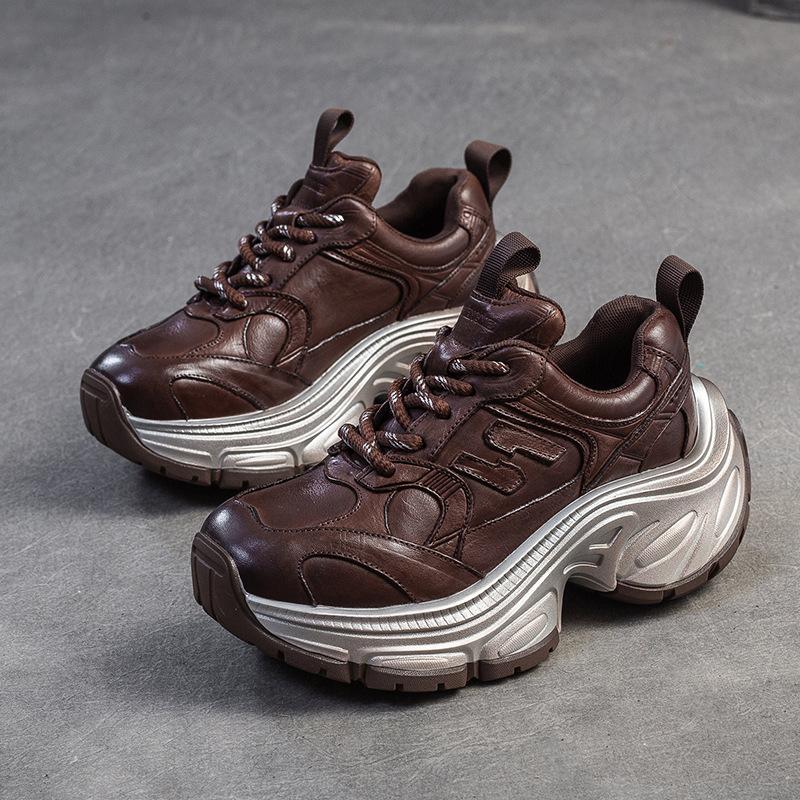 Fashion GKTINOO 2024 Autumn New Retro Lace-up Flat Platform Shoes Genuine Leather Sneakers Thick Soled Round Toe Casual Women's Shoes