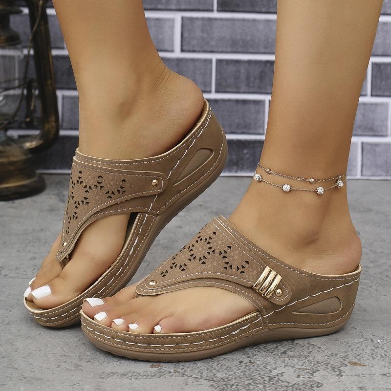 Damenschuh Lässige Damen-Slipper Flach Dicksohlig Zehensteg Keilabsatz Bequeme Sandalen