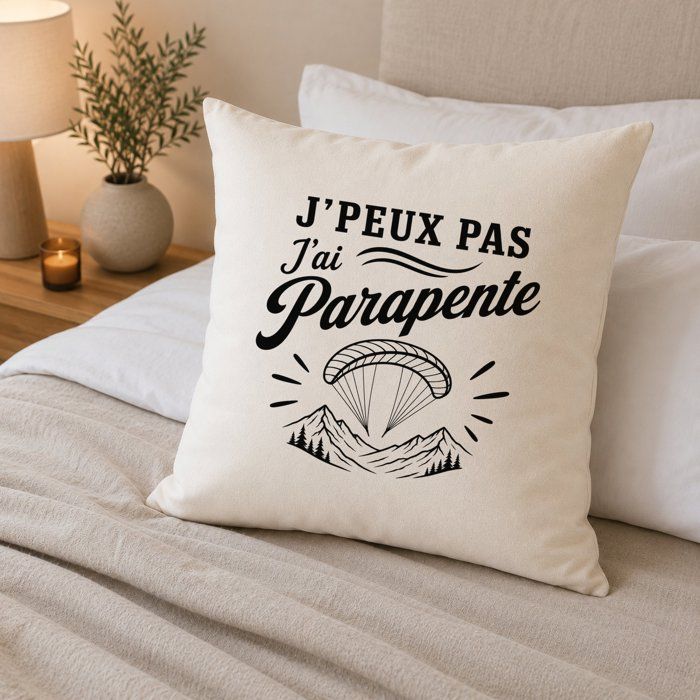Housse de Coussin J’peux pas j’ai Parapente J'peux pas minimaliste | Coton Canvas Fairtrade 305 g/m² Zip Invisible Taille 50×50 cm