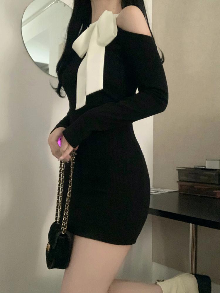 Black Off Shoulder Elegant Slim One Piece Dress Women Autumn Winter New Gyaru Sexy Party Dresses Korean Fashion Bow Y2k Short Dress