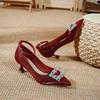 Pointed one-word strap high heels women's thin heels 2025 new Chinese red Xiuhe bridal wedding shoes medium heel single shoes