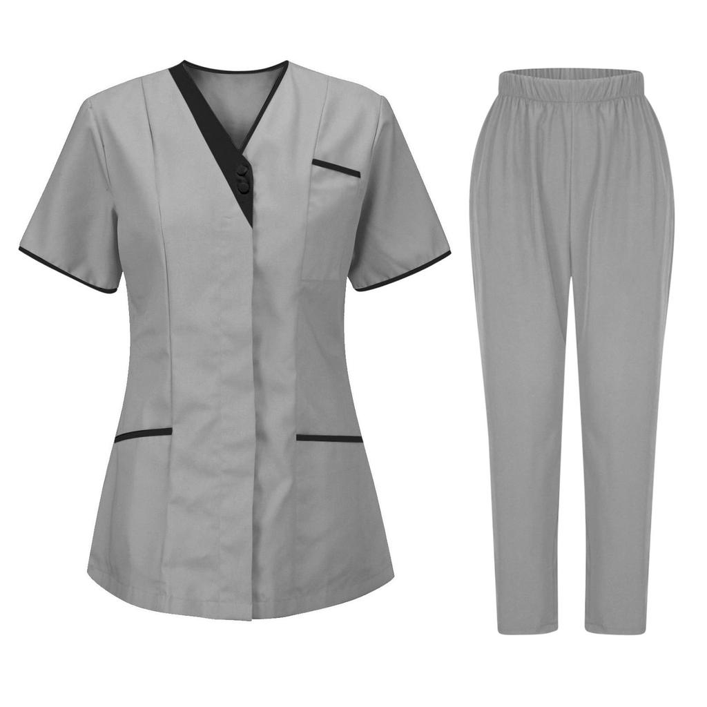 Women's Uniforms Quick Dry Fabrics V-Neck With Pockets Short Sleeves Long Pants Solid Color Workwear Suit