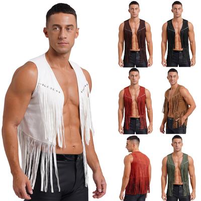 Men Faux Suede Tassel Detail Vest Fashion Rivets Fringe Trim Western Style Open Front Sleeveless Waistcoat