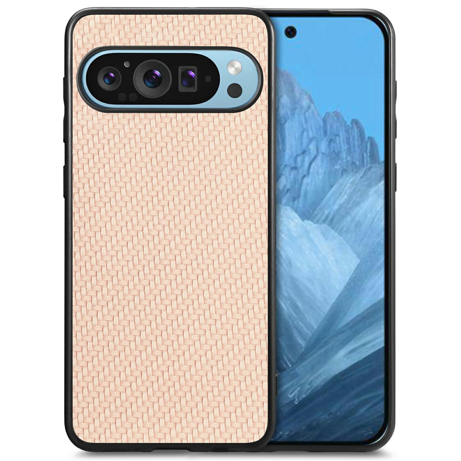 

For Google Pixel 9/Pixel 9 Pro Case Carbon Fiber Texture PU+PC+TPU Phone Cover Apricot