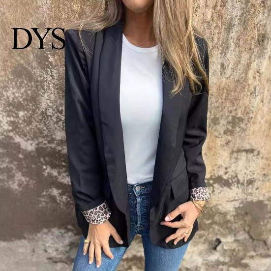 Leopard Print Office Coat Women Suit Lapel Long Sleeve Cuffs Workwear Jacket Solid Color Loose Fit Open Front Casual Business Outwear