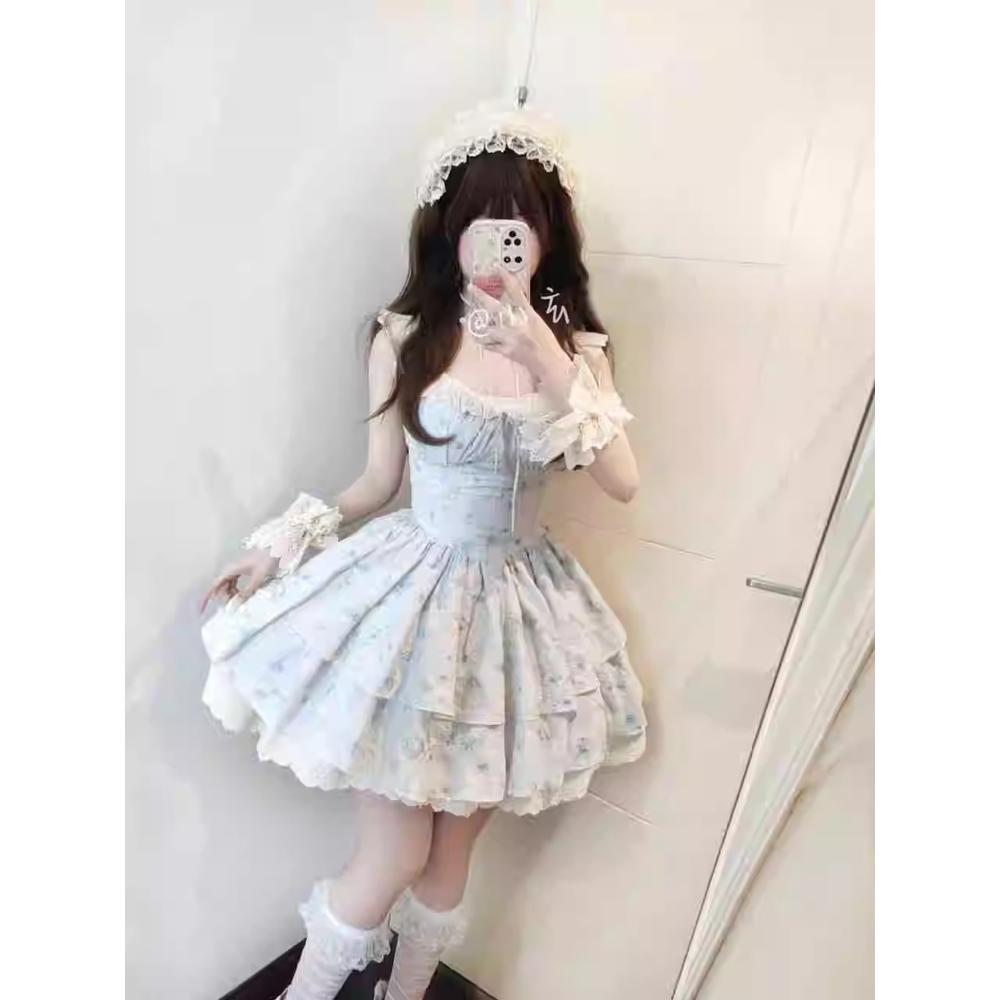 Sweet Spice Girl Blue Flying Sleeve Dress Sweet Premium Princess Cake Dress Women's Summer Waist Fluffy Short Dress