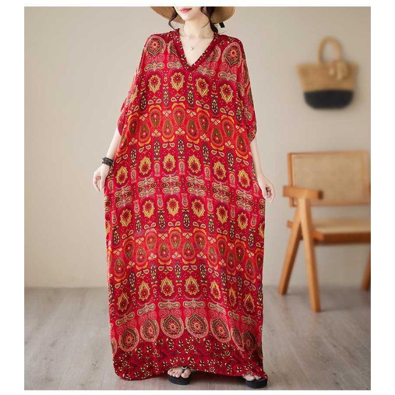 Summer V-neck Large Size Loose Literary Vacation Style Beach Dresses