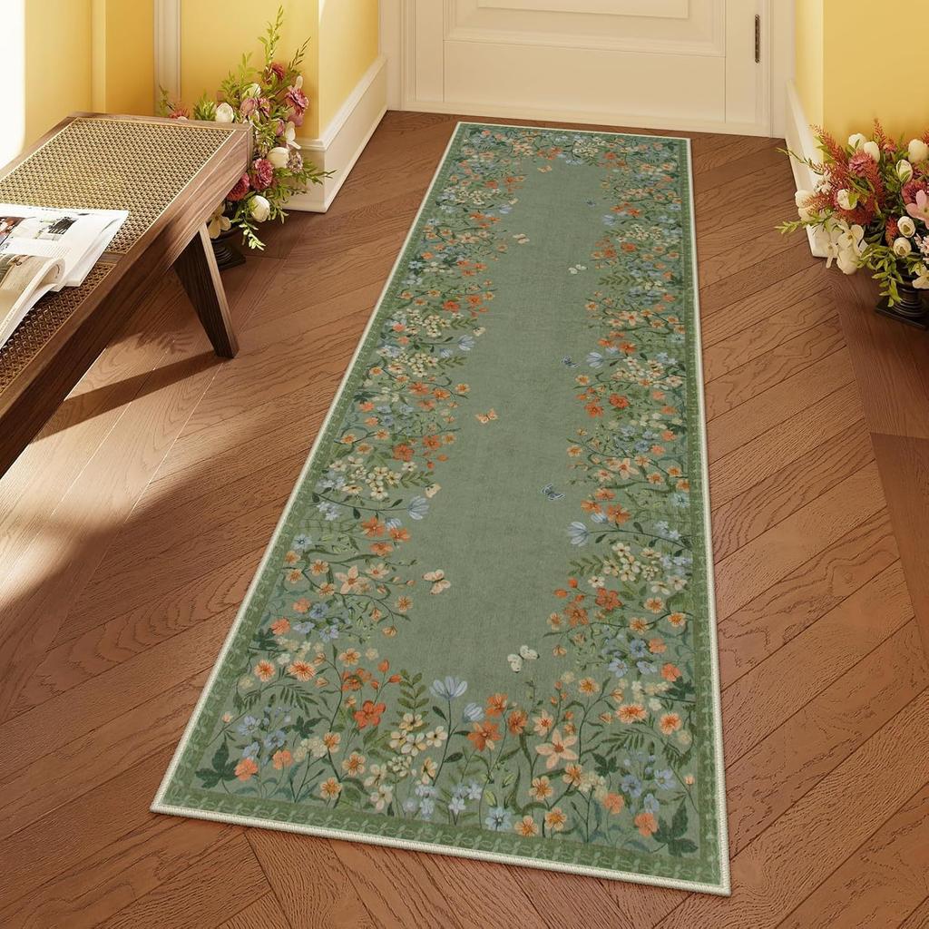 Black Floral Butterfly Area Rug with Pink Yellow Red Flowers Non-Slip Rectangular Carpet for Living Room Decor Soft Floor Mat