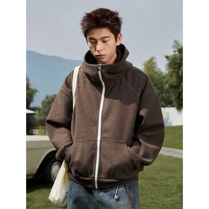 Wassup American Retro Heavyweight Hooded Sweatshirt Autumn Air Layer Casual Stand Collar Woolen Jacket for Men