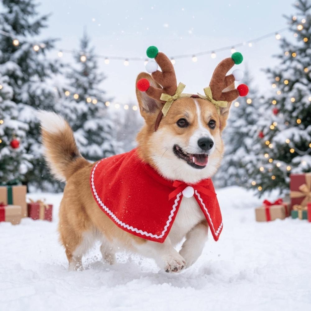 2PCS/Set Lightweight Dog Antlers Headband Warm Pet Christmas Cloak Set Pet Holiday Outfit Pet Party
